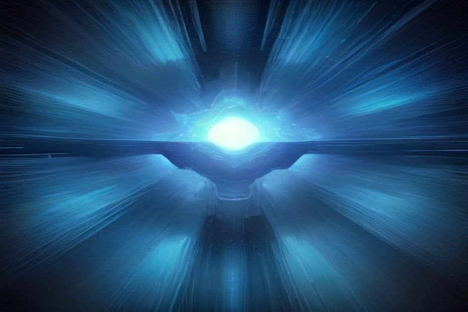 Abstract futuristic landscape of flowing digital particles forming a video play button