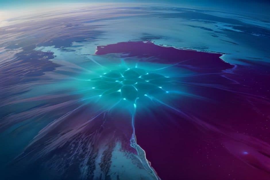 Vista aérea estilizada de um escritório tech futurista com um organograma holográfico projetado no ar