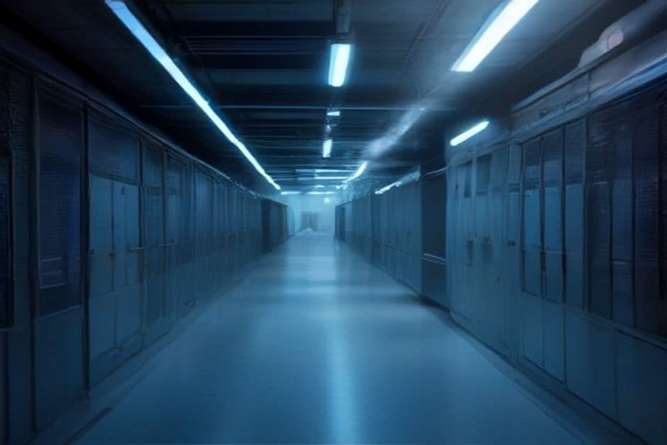 Fotografia de data center futurista com corredor de servidores em perspetiva