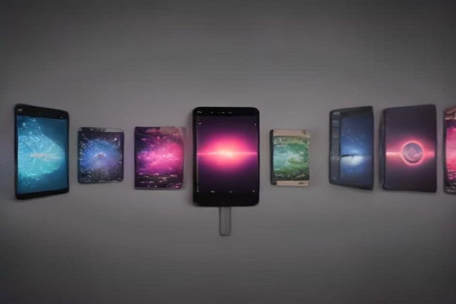 Quatro smartphones idênticos enfileirados em sequência em superfície refletiva