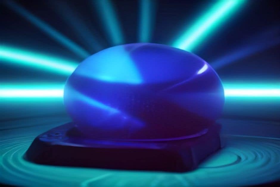Pergunta gigante em neon azul sobre uma mesa de madeira escura
