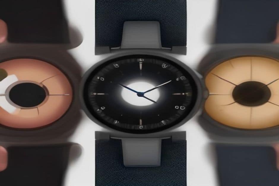 Composição editorial tech com vários smartwatches de diferentes marcas sobre uma superfície metálica
