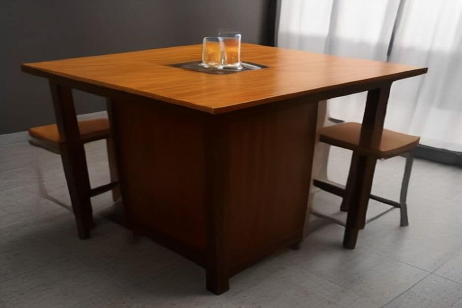 Mesa de bar de madeira rústica com uma Bartesian desligada ao fundo